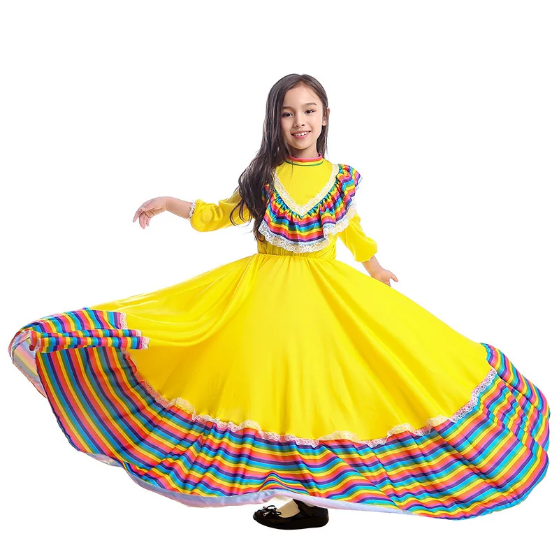 

Traditional Mexican Girl Long Dress Dance Clothing Children's Day Kid Girls Stage Performance Clothes Cosplay jumpsuit