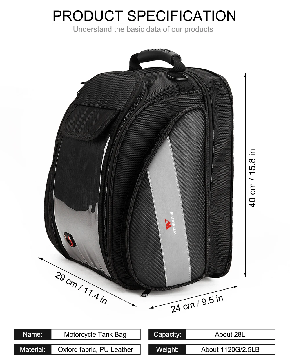 

WOSAWE High capacity Motorcycle Tank Bag Fuel Oil Reflective Moto Phone GPS Bag Motobike Storage Motocross Helmet Bag 12-28L