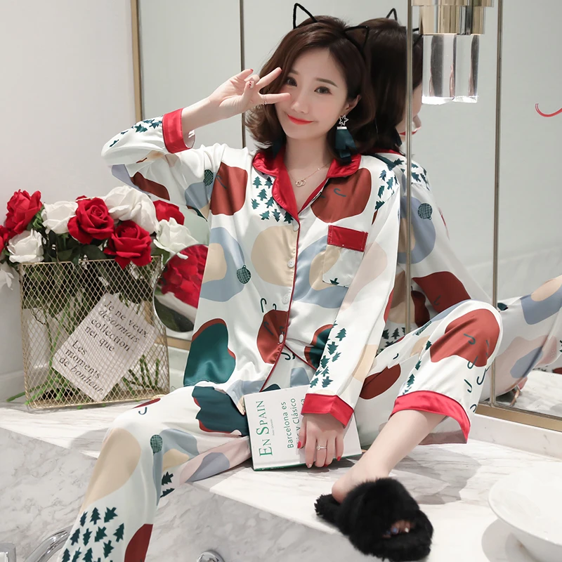 Шелковые пижамные комплекты с длинными рукавами Весенне осенняя шелковая одежда