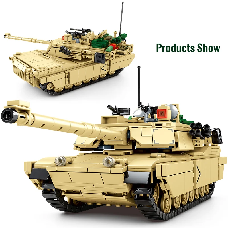 

1052PCS City WW2 Abrams M1A2 Tank Chariot Model Building Blocks Military Technical Army Weapon Figures Bricks Toys For Children