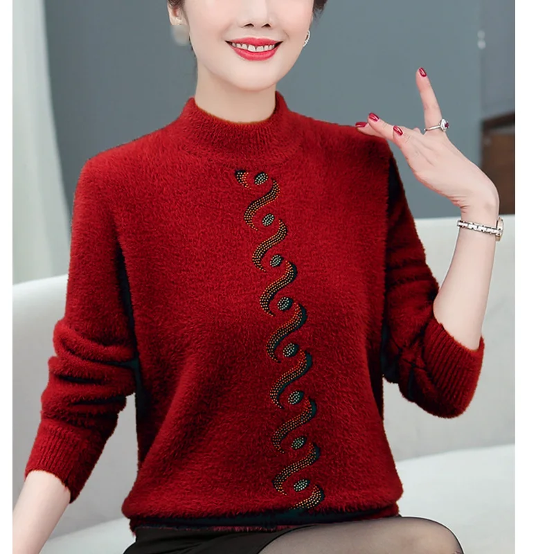 

Autumn Winter Women Sweater Half High Neck Pullovers Long Sleeve Warm Mink Down Fashion Casual Slimming Elegant Female Tops