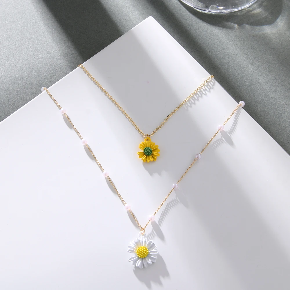 UMKA Sunflower Decoration Pearl Chain For Women 2021 Double-Layer Alloy Resin Long Choker Clavicle Necklace | Украшения и