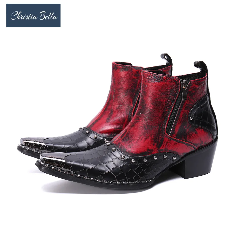 

Christia Bella Mid Heel Real Leather Men Cowboy Ankle Boots Rivet Motorcycle Short Boot Increase Height Party Dress Boots Botas