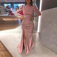 simple pink long sleeves muslim prom dress formal party gown for woman pleat beading evening vestido de noche 2022