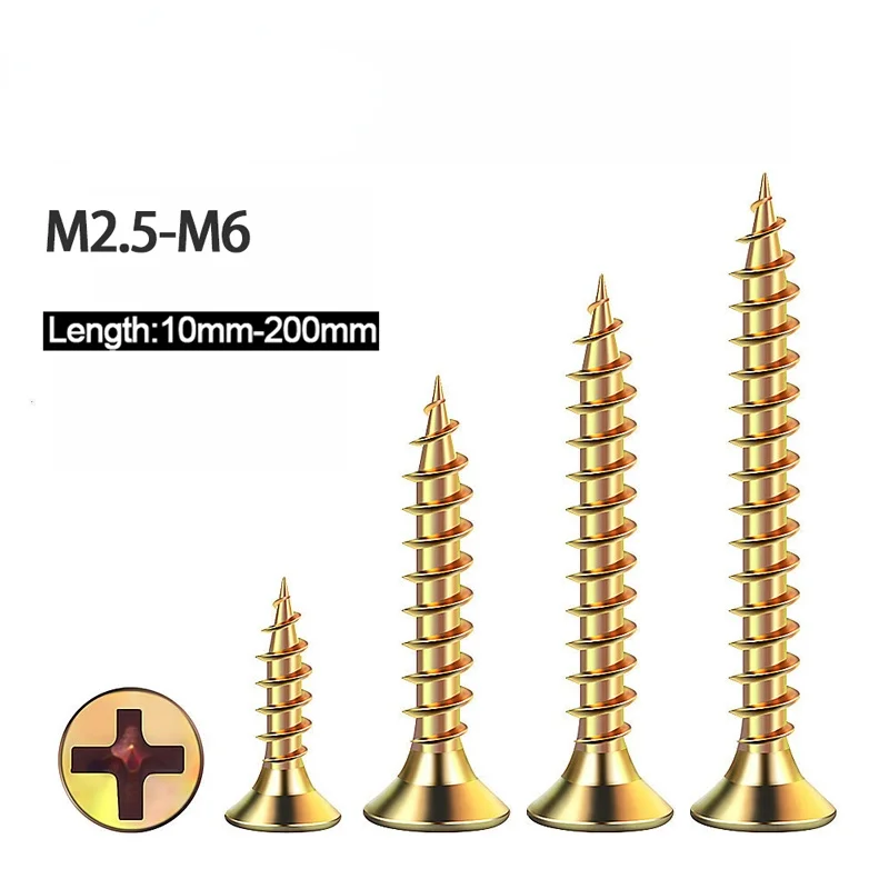 

250g Cross Countersunk Fibreboard Chipboard Screws M2.5 M3 M4 M5 Yellow Zinc Flat Head Phillips Self Tapping Wood Screw