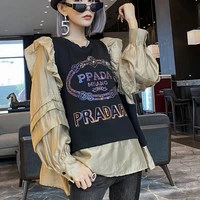 xuxi ruffle stitched sweater women autumn winter 2021 new heavy industry hotdrill o neck contrast color fake two piece e3274