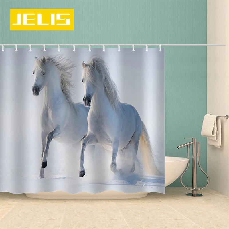 

Running White Horse Shower Curtains 3D Print Animal Bath Screens Waterproof Curtains for Bathroom Decor Home Decor Customized