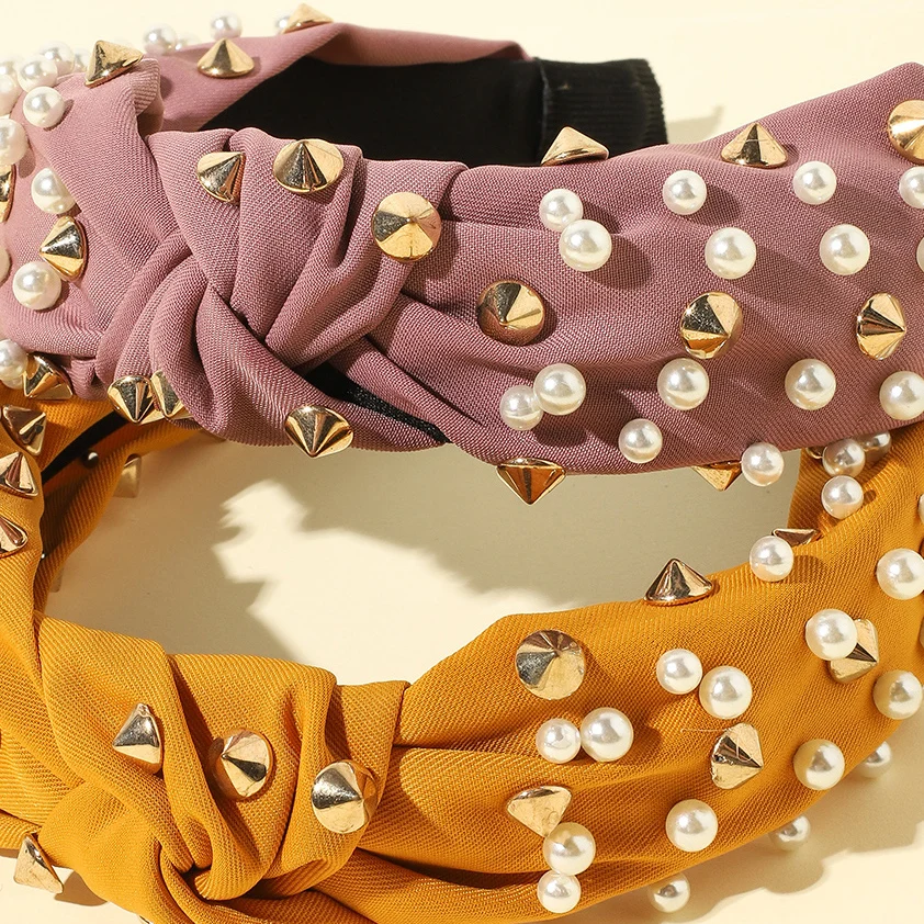 

2Pcs/lot Fashion Wild Headwear Rivets Pearl Knotted Head Hoop Wide-brimmed Fabric Headband Sweet Hair Accessories for Girls