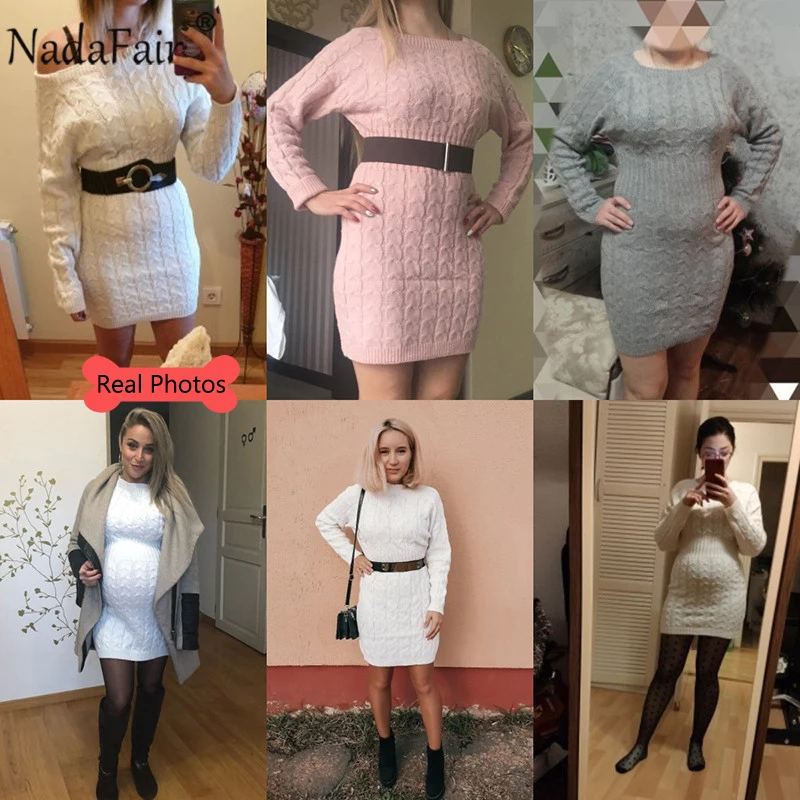 Nadafair теплый вязаный свитер платье для женщин Vestidos розовый черный облегающее мини
