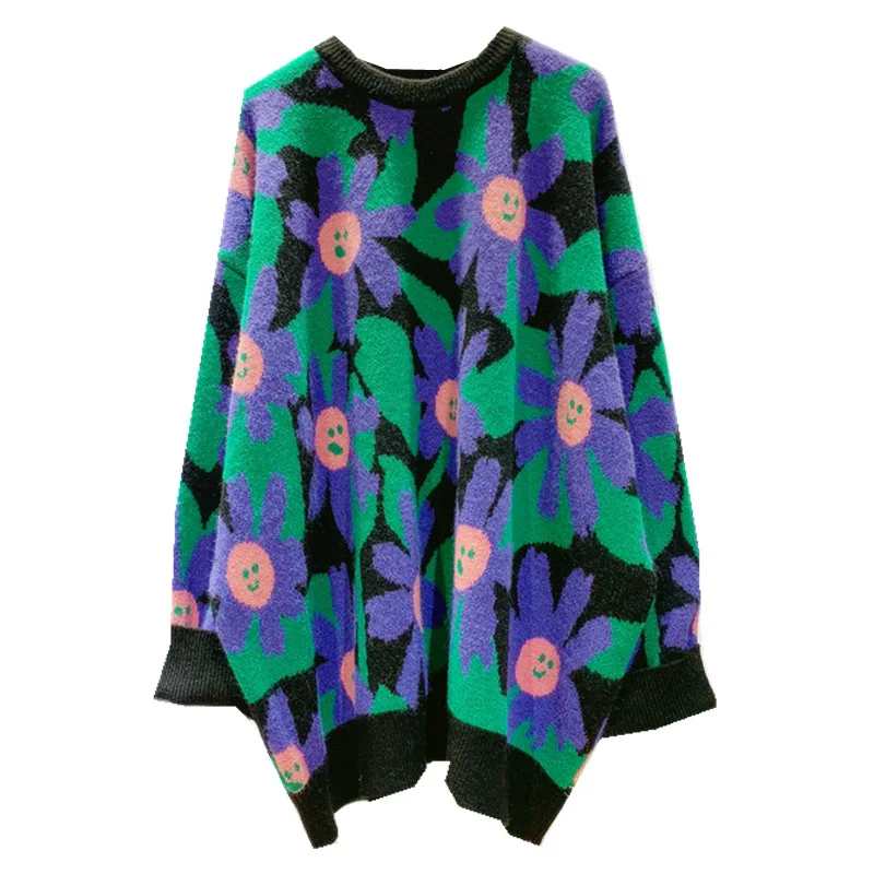 

Lazy net red wind flower contrast jacquard sweater women's sweater autumn and winter new loose knit sweater top tide