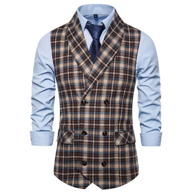 

Men's Suit Vest Autumn And Winter New Green Fruit Collar European Code Plaid Suit Vest Fashion Double-breasted Men's Vest 067