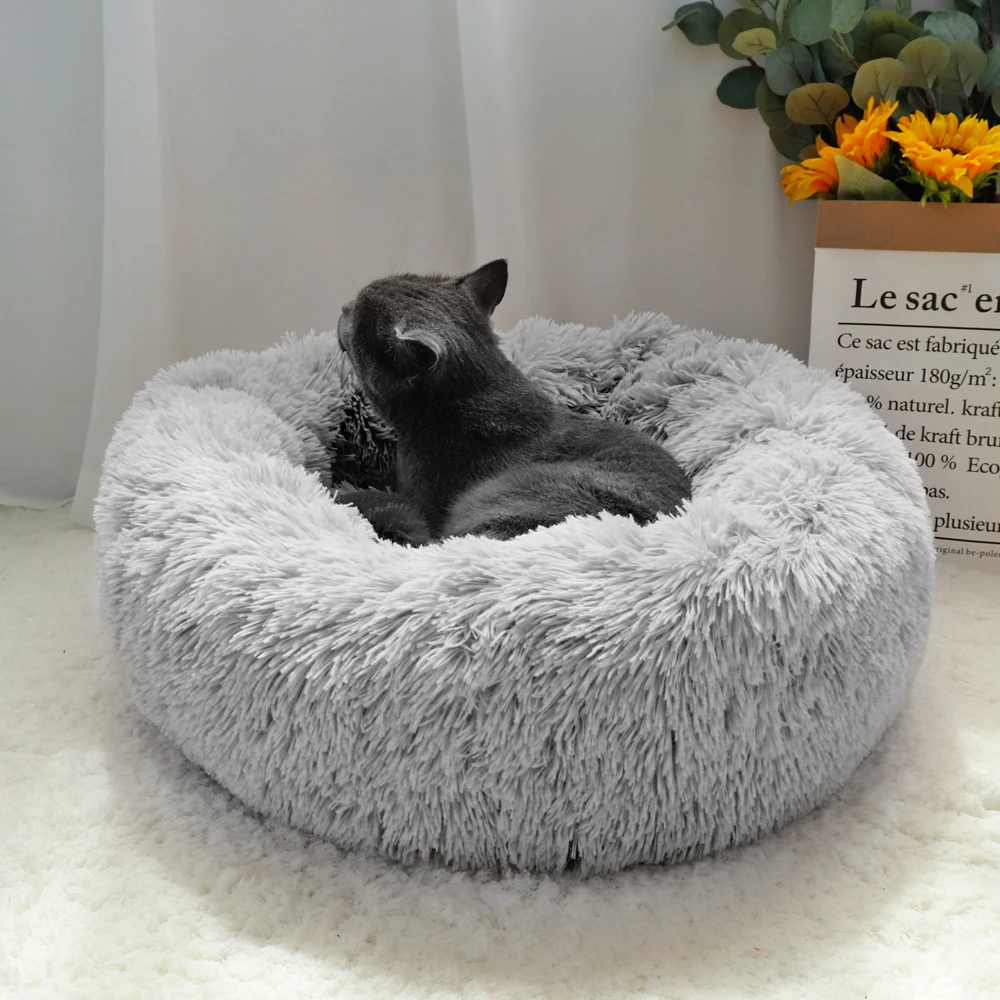 

Fluffy Calming Dog Bed Long Plush Donut Pet Bed Hondenmand Round Orthopedic Lounger Sleeping Bag Kennel Cat Puppy Sofa Bed House