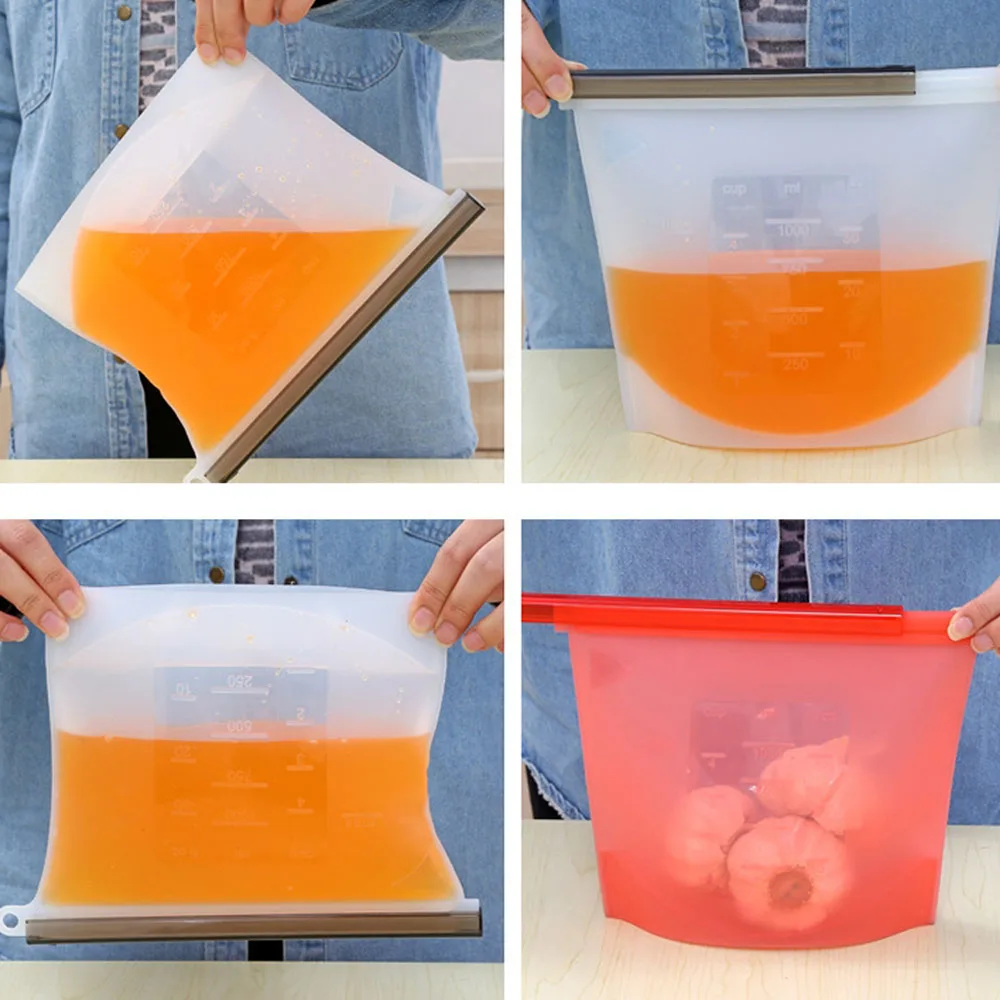 

4PCs 1000ml 1500ml Reusable Silicone Food Storage Bags with Ziplock Leakproof Bags For Freezer Preservation Kitchen Gadgets