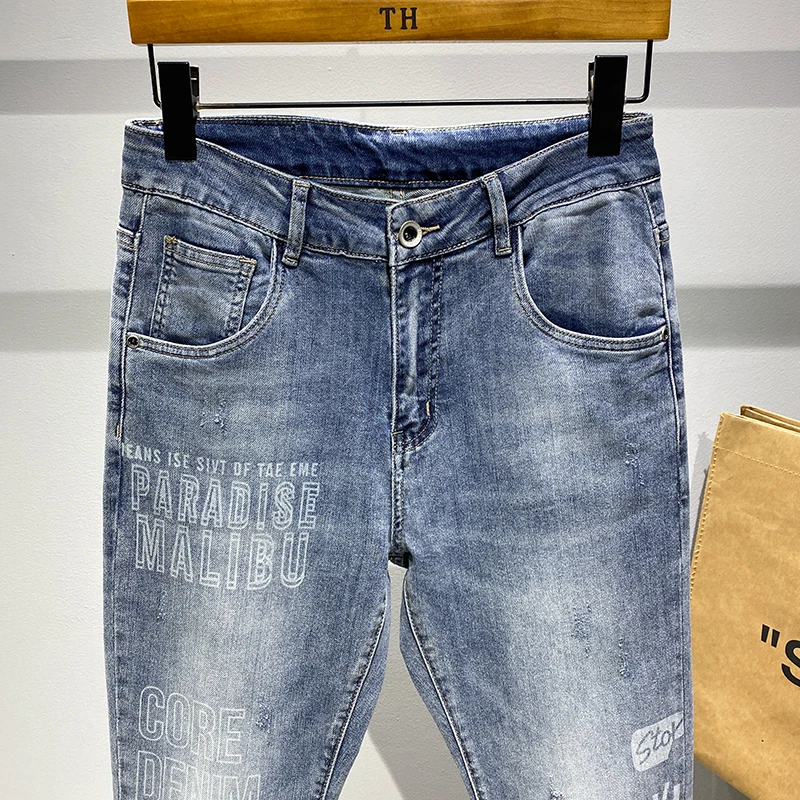 Мужские джинсы брендовые светло-голубые шаровары мужские укороченные брюки