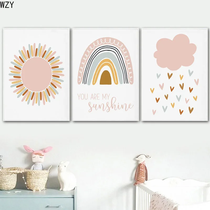 

Child Poster Pink Sun Clouds Wall Art Nursery Rainbow Canvas Print Kid Bedroom DecorationNordic Picture Painting for Baby Room