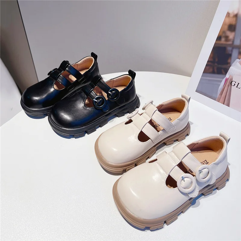 

2022 Spring Autumn 3-8y Girls Big Toe Leather Shoes Toddler Fashion Double-breasted Casual Dress Flats Kids Soft Bottom Shoes