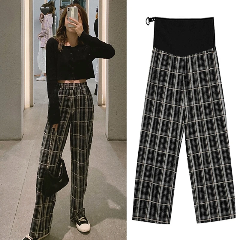 

567# Vintage Plaid Maternity Full Long Pants Adjustable Belly Straight Loose Clothes for Pregnant Women Spring Casual Pregnancy