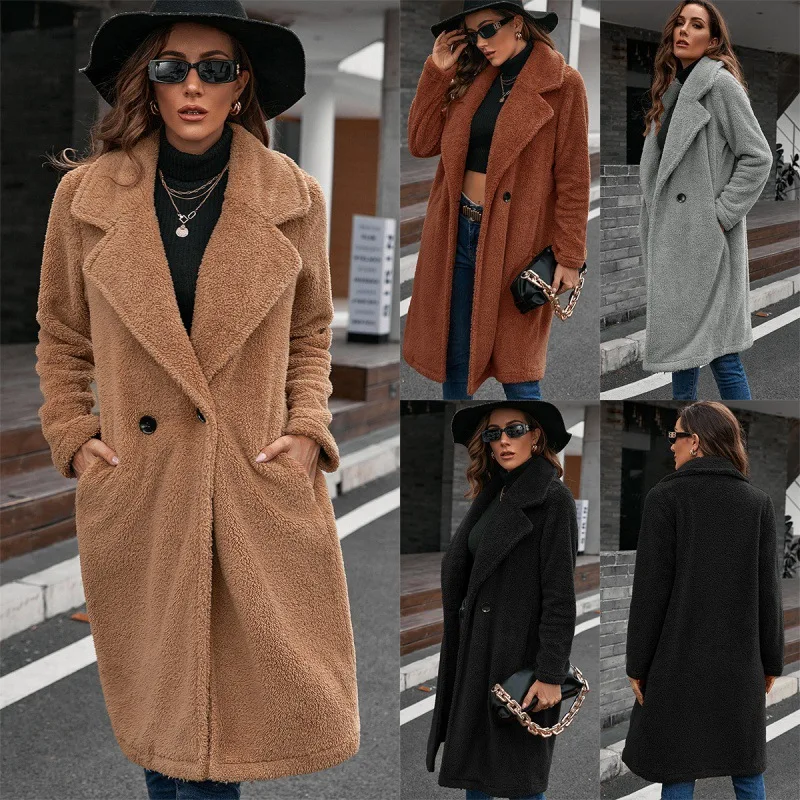 

solid Temperament single breasted mid length plush windbreaker coat loose lapel lamb fur coat women