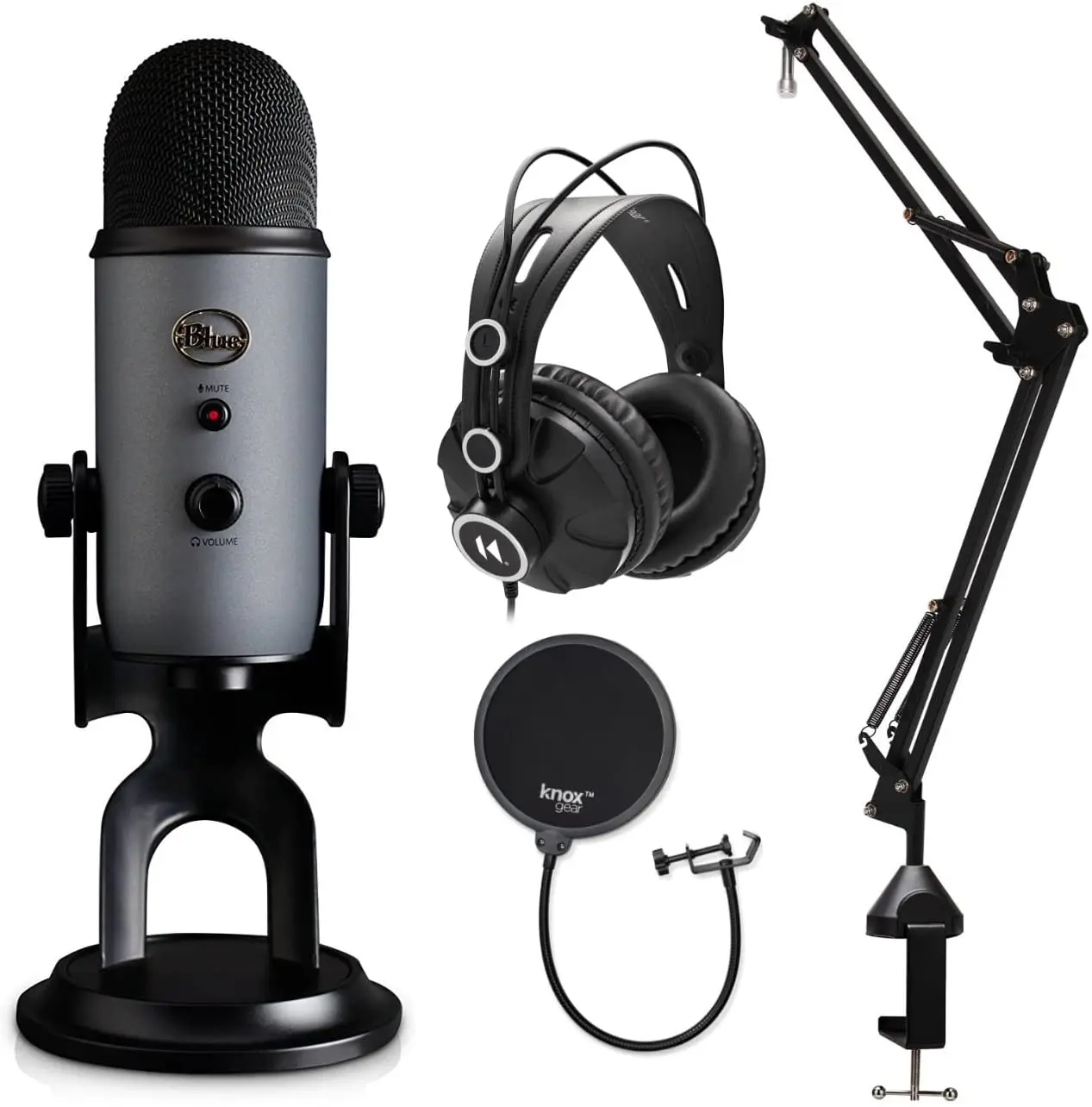 

BLUE Microphones Yeti Slate USB Microphone Bundle with Knox Studio Stand, Studio Headphones and Pop Filter (4 Items)