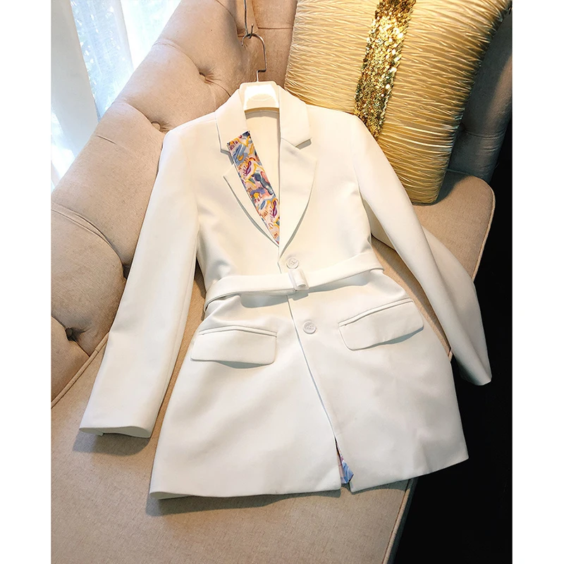 

HARLEYFASHION European America White Spliced Print Notched Women's Blazer Single Breasted With Adjustable Waist Slim Coat