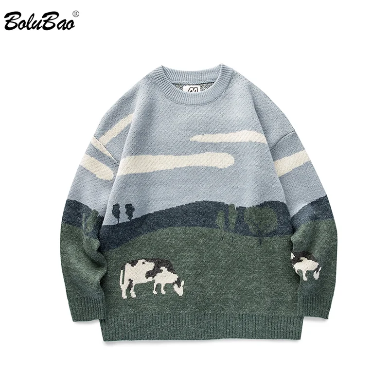 

BOLUBAO Cows Prairie Vintage Korean Fashions Sweater Mens 2021 Winter Pullover Casual Harajuku Sweater Male