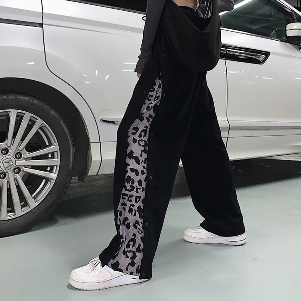 

Gothic High Waist Pants Leopard Causal Loose Long Wide Leg Girls Highstreet Spring Summer Black Pants Women Korea Japan 2021 New