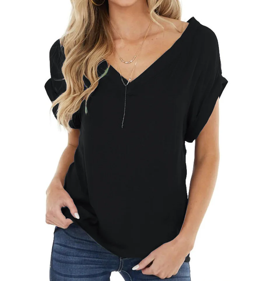 

2021 spring and summer women's new V-neck open back sexy large women's T-shirt