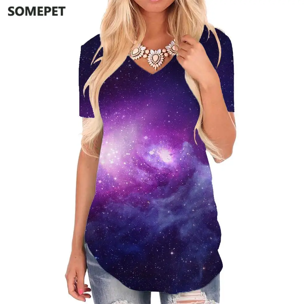 

SOMEPET Galaxy T-shirt women Nebula Shirt Print Sky V-neck Tshirt Universe Funny T shirts Womens Clothing Hip hop Printed Style