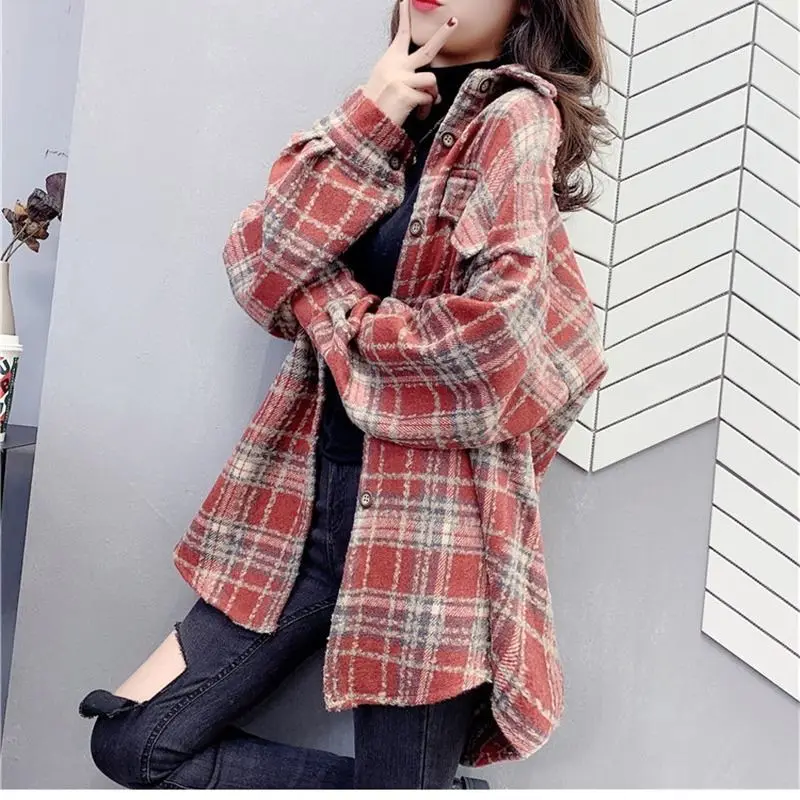 

JuneLove Female Spring Street Blouse Shirts Vintage Oversized Plaid Flannel Boyfriend Tunic Shirt for Women Casual Korean Tops