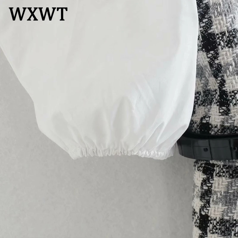 

WXWT Women Summer Texture Woolen Patchwork Playsuits Short Sleeve Pockets With Belt Rompers Ladies Chic Jumpsuits XQJ9249