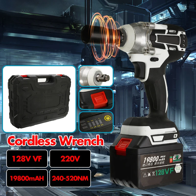 

128VF 19800mAh Brushless Cordless Impact Electric Wrench 520 N.m Torque Socket Wrench Power Tool For Household Car Wheel