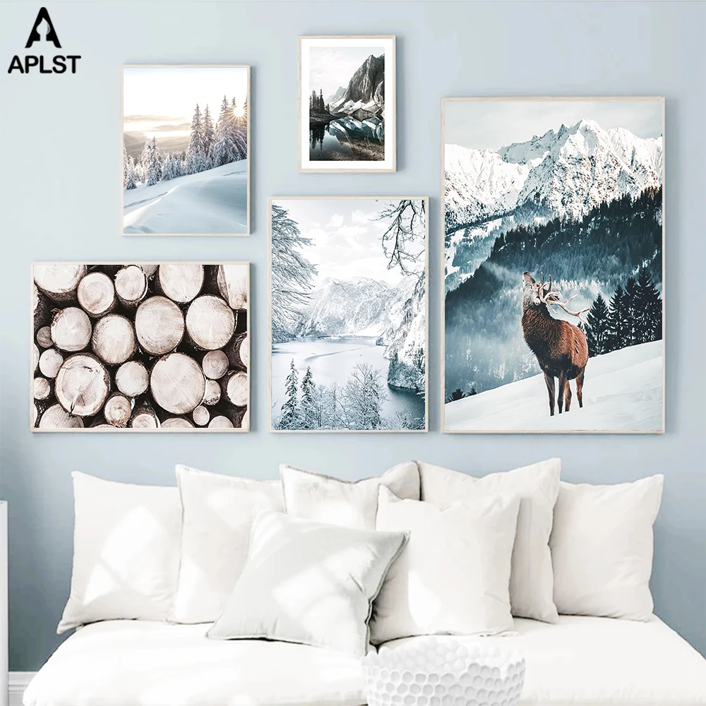 Зимний фон с рисунком животного олень снег гора восход солнца ледяное озеро Сова