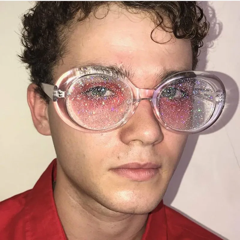 

Women Oval Sun Glasses Glitter Lenses Eyewear Candy Colorful Classic Transparent Frame Sunglasses UV400 Retro Pink Sunglass 2021