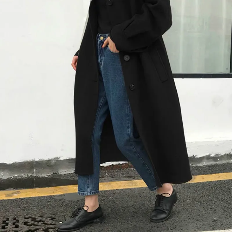 

Wool Women Solid Color All Match Long Single Breasted Korean Style High Fashion Womens Blends Top Quality Ulzzang Ladies Simple