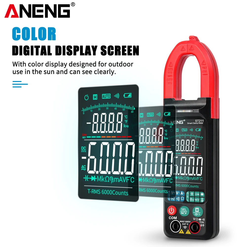 ANENG ST211 Digital Clamp Meter 6000 Counts Multimeter DC/AC Voltage Current Tester Car Amp Hz Big Color Screen NCV Ohm Test | Инструменты