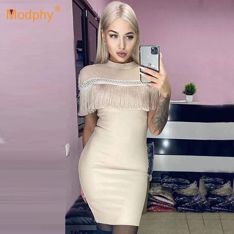 

Modphy Sexy Crystal Fringed Apricot Bandage Dress Women'S Black Pencil Skinny Dress Club Celebrity Evening Party Vestidos Femme