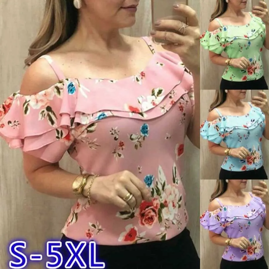 

DIOROBBEN Women's Off Shoulder Blouse 2020 Summer fashion rose Printed Tops 5xl Plus Size Casual Ruffle Sleeve Loose women Shirt