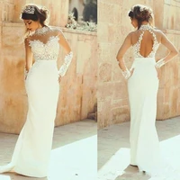 high neck lace wedding dresses illusion long sleeves open back bridal gowns sheath floor length vintage wedding vestidos