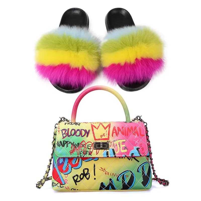 Женские домашние тапочки из 100% натурального Лисьего меха Радужная обувь Милые