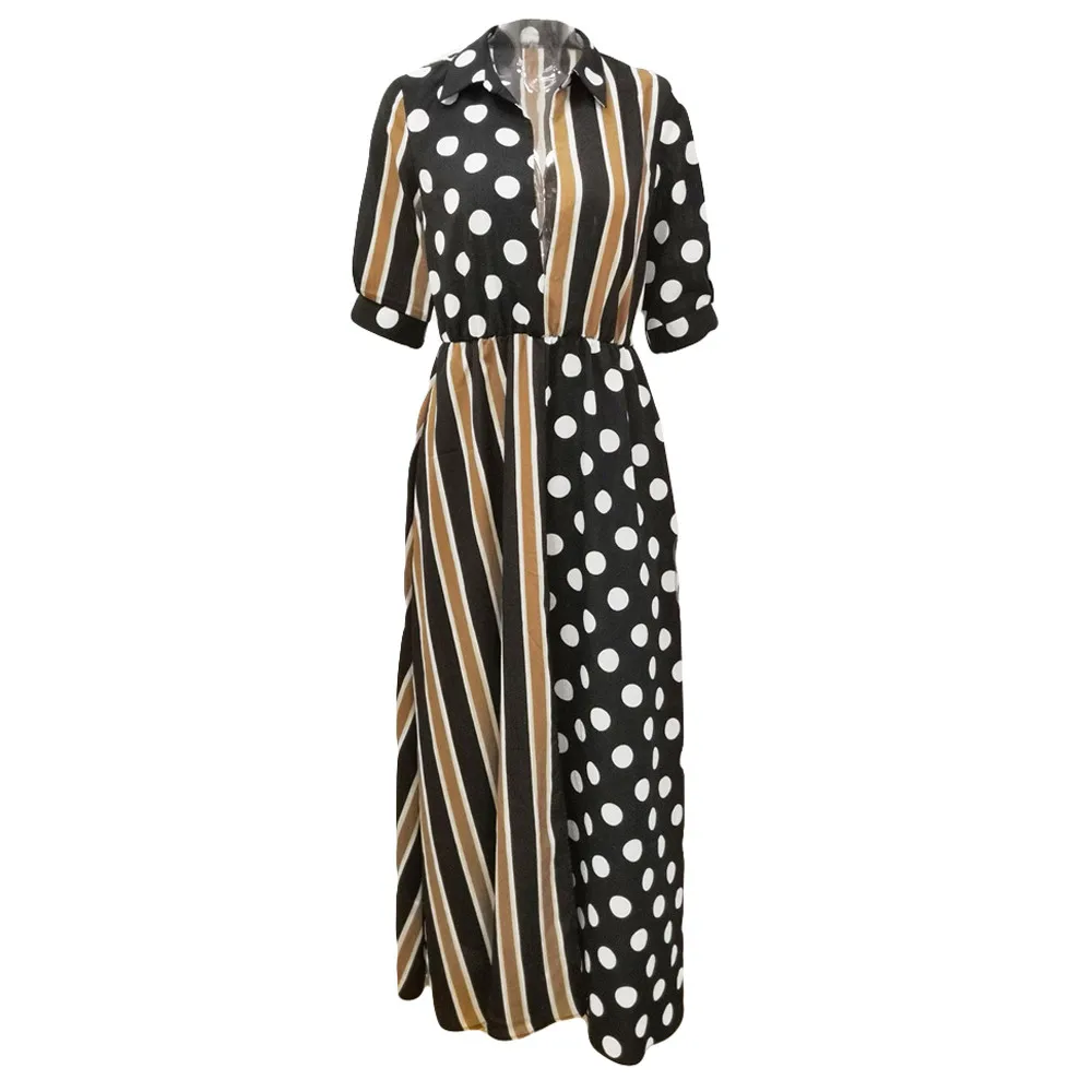 

Vintage Half Sleeve Long Dress Elegant V Neck Party Dot Dress Stitching Stripes Women Sexy Dresses For Women Casual Maxi Dress