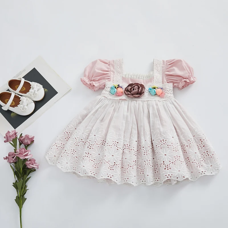 

Boutique Spanish Dress Toddler Girl Puff Sleeve Lace Clothing Summer New Pink Baby Girls Birthday Party Baptism Ramadan Dresses