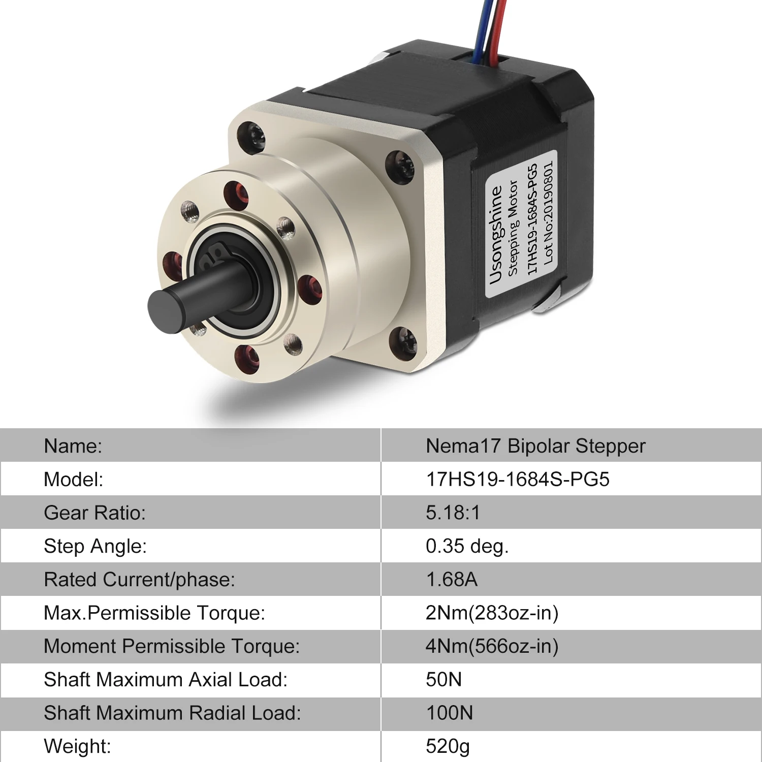 Шаговый двигатель Nema 17 17HS19-1684S-PG5 Передаточное отношение 5:1 планетарный редуктор 42