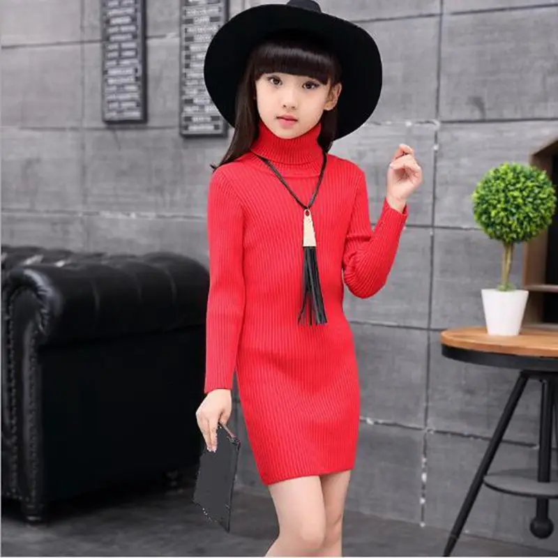 Трикотажное платье для девочек с длинным рукавом и высоким воротником вечерние