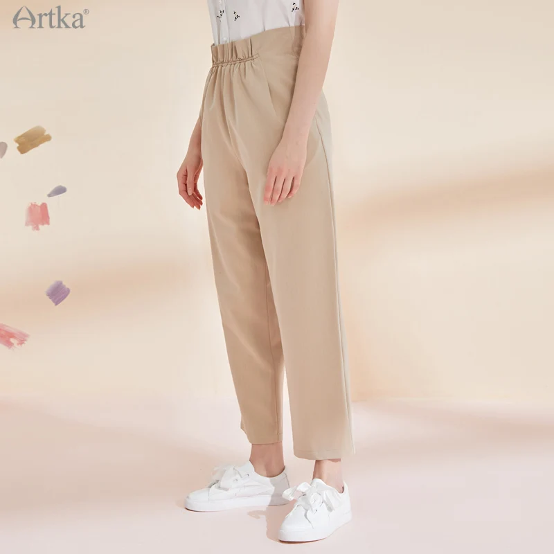 ARTKA 2021 Summer New Women Pants Fashion Casual Elastic High Waist Straight Trousers OL Style Strap Ankle-Length Pants KA25112X
