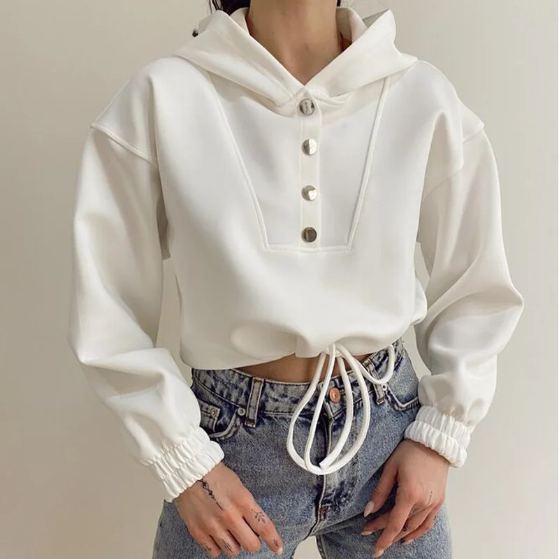 

LSXL American winter sweater women loose drawstring short umbilical female hooded button autumn and winter all-match women