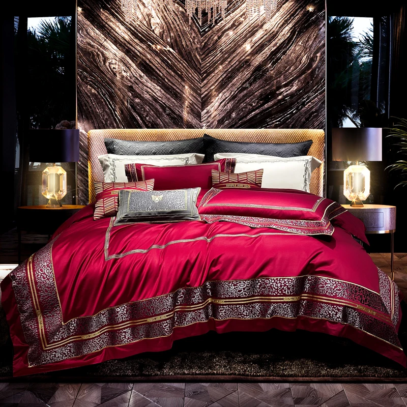 

2021 роскошный TC Lyocell хлопковый комплект постельного белья с леопардовой вышивкой Гладкий пододеяльник простыня наволочки Королевский разме...