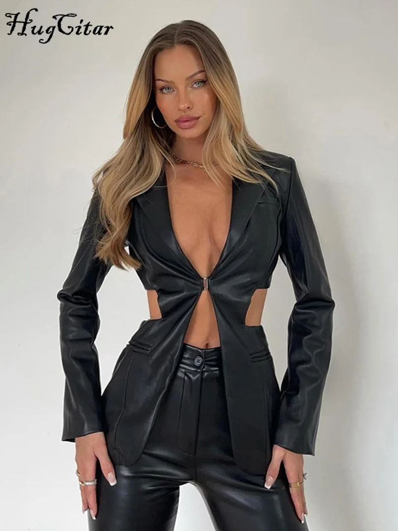 Hugcitar/однотонная куртка из искусственной кожи в стиле панк с длинными рукавами