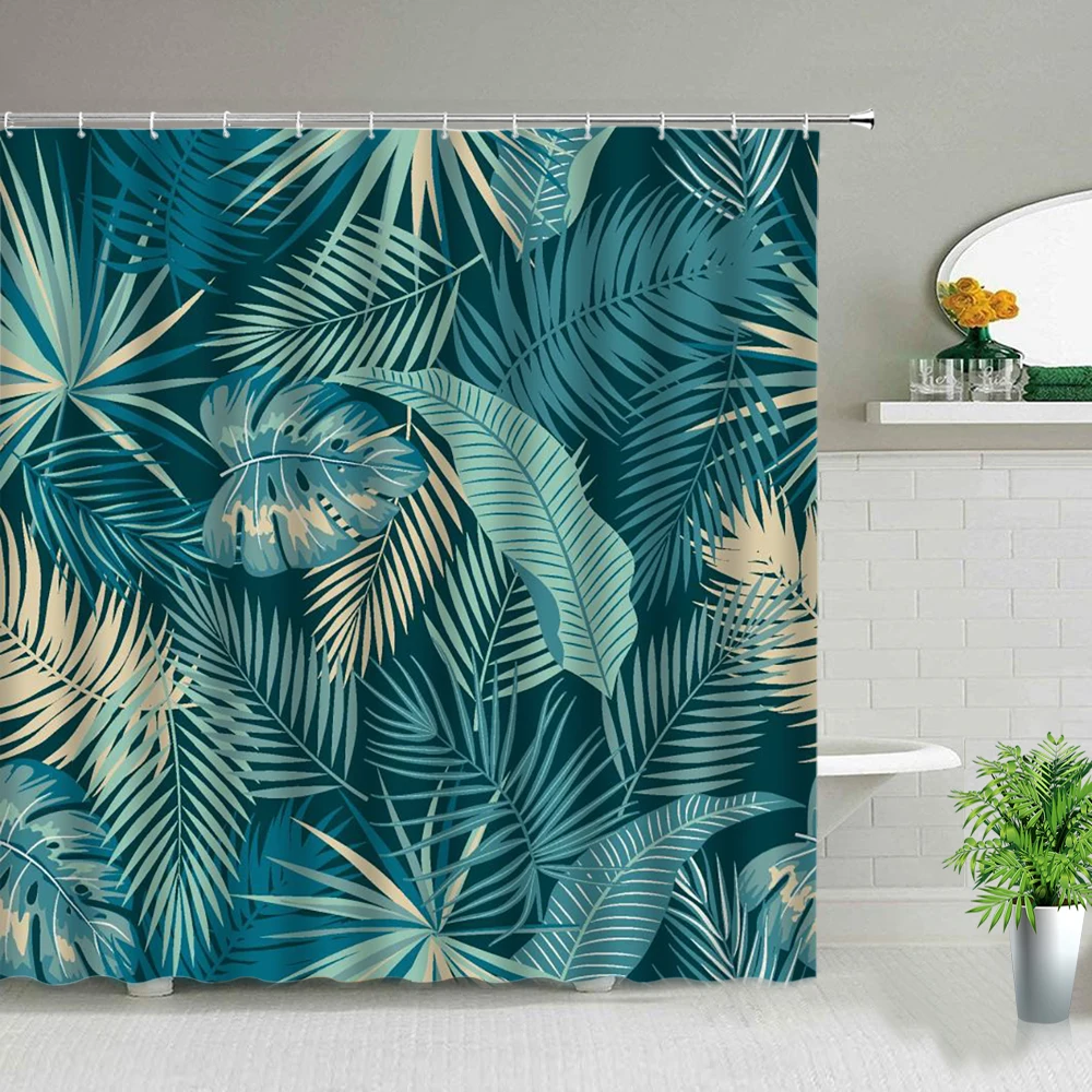 

Green Tropical Plant Leaf Print Shower Curtain Bathroom Screen Waterproof Polyester Fabric Bath Curtains With Hooks Washable