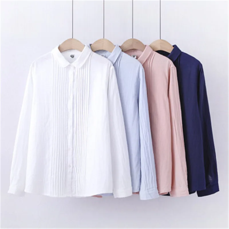 Женская однотонная хлопковая блузка с длинным рукавом в японском стиле|Блузки| |