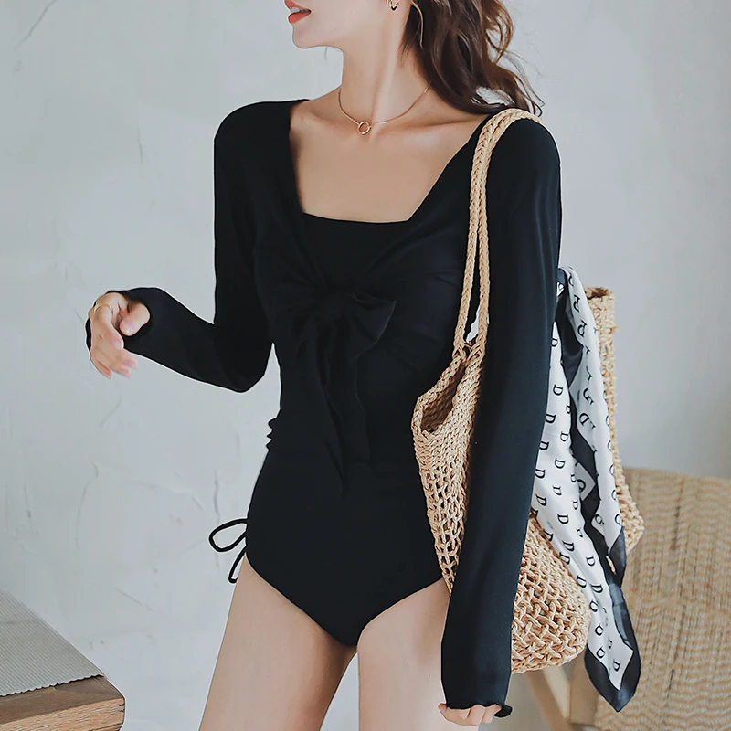 

2021 New Fashion Women's Swimsuit One Piece with Long Sleeve Lace-up Smock Side Drawstring Solid Summer Beach Bathing Suit